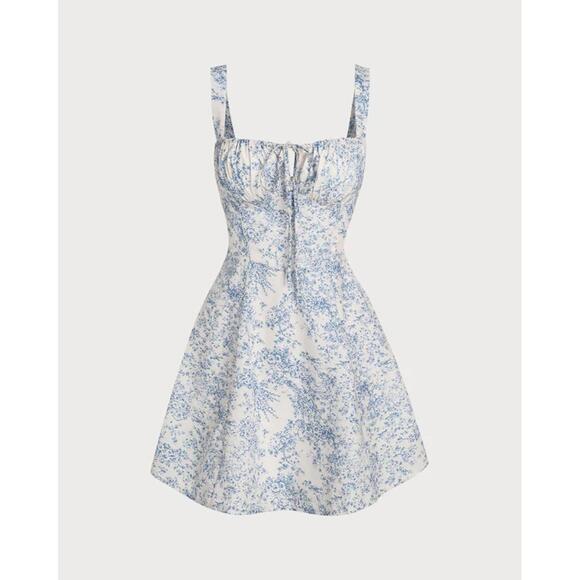 Rihoas Blue Floral Ruched Slip Corset Mini Dress SMALL - Picture 2 of 8